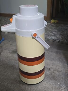 VINTAGE 1970'S Cream, Brown and Orange Striped Vacuum Flask - Home Dining